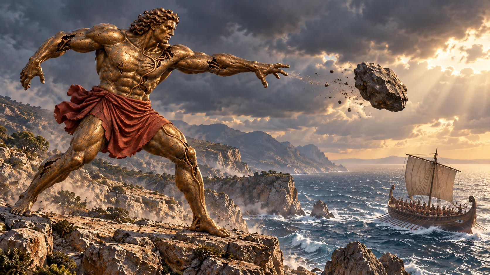 Talos protege la costa en una escena ilustrada de Arcanvs