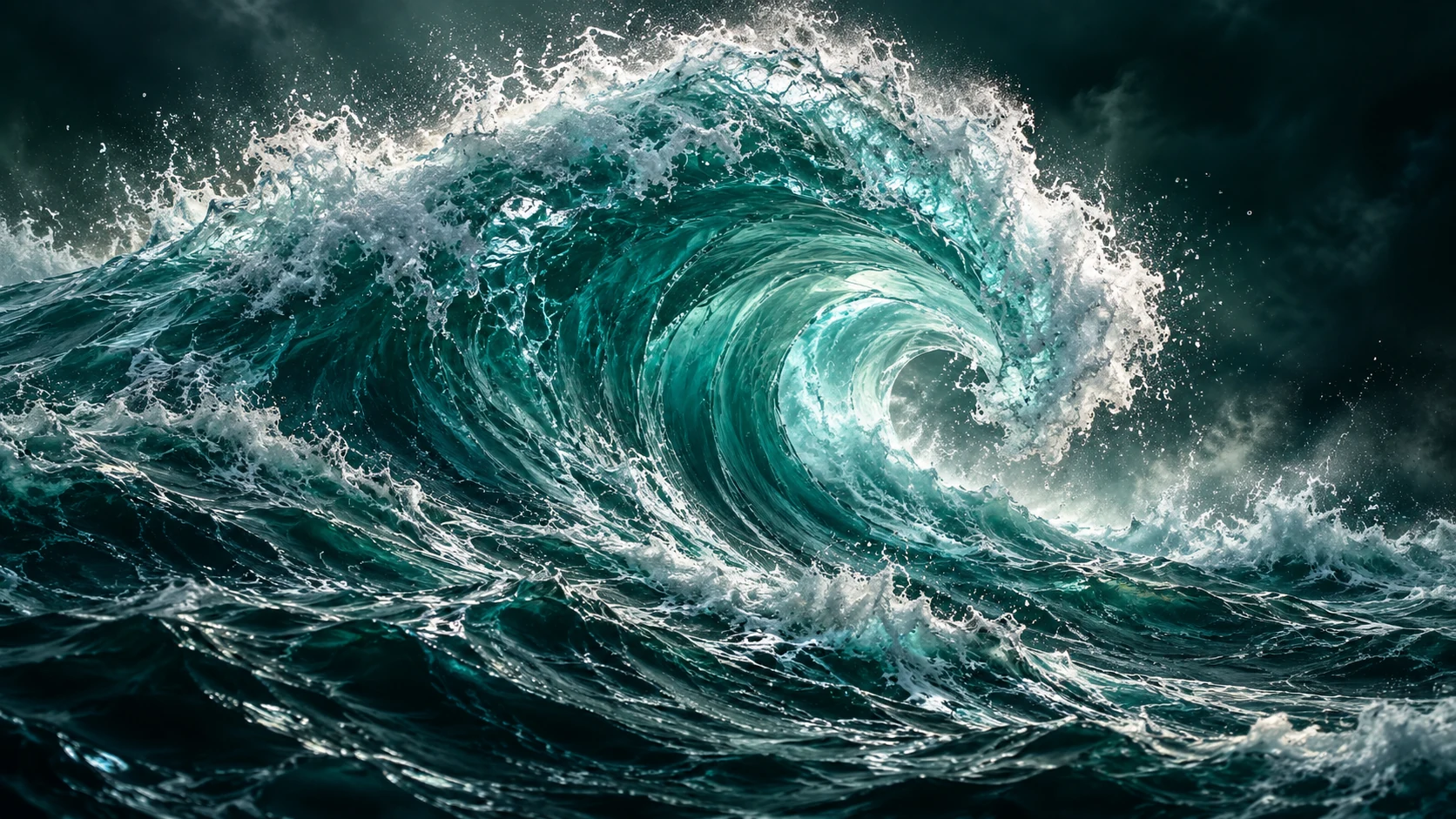 Una gran ola turquesa se eleva entre espuma y gotas de agua.