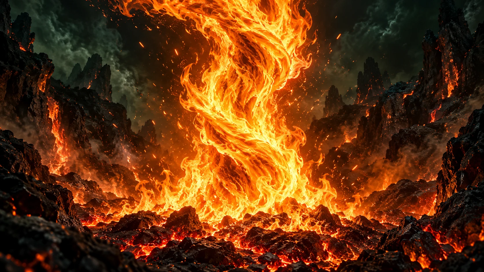 Una columna de fuego se alza sobre brasas y carbón oscuro.