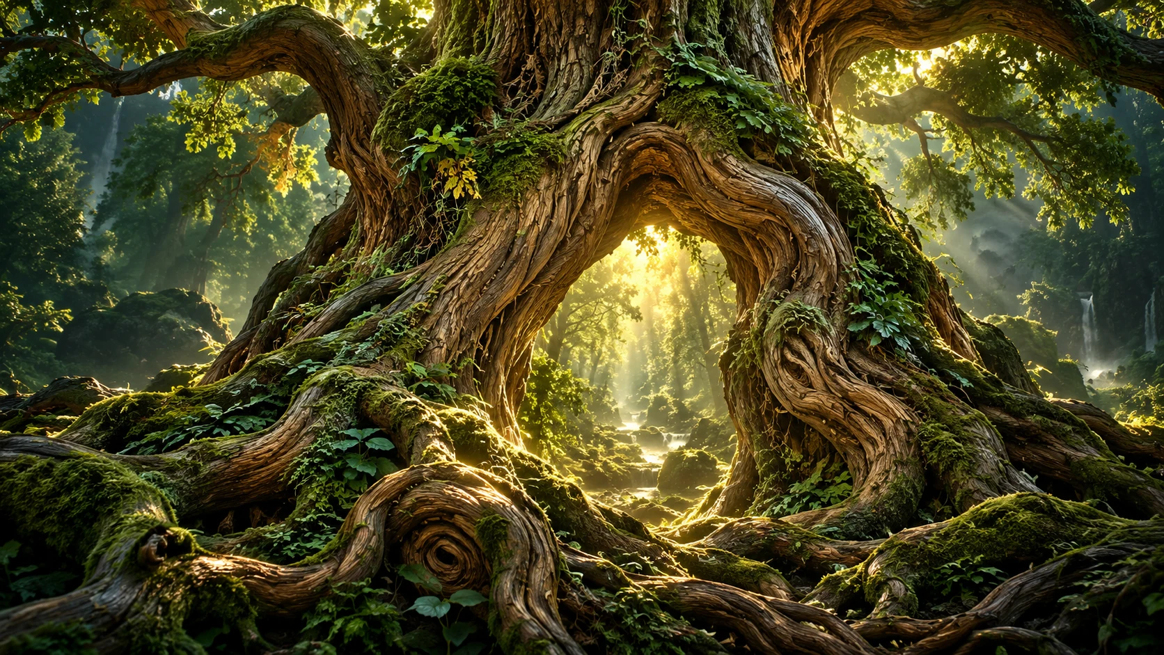 Un árbol antiguo despliega raíces y corteza entre musgo y luz del bosque.