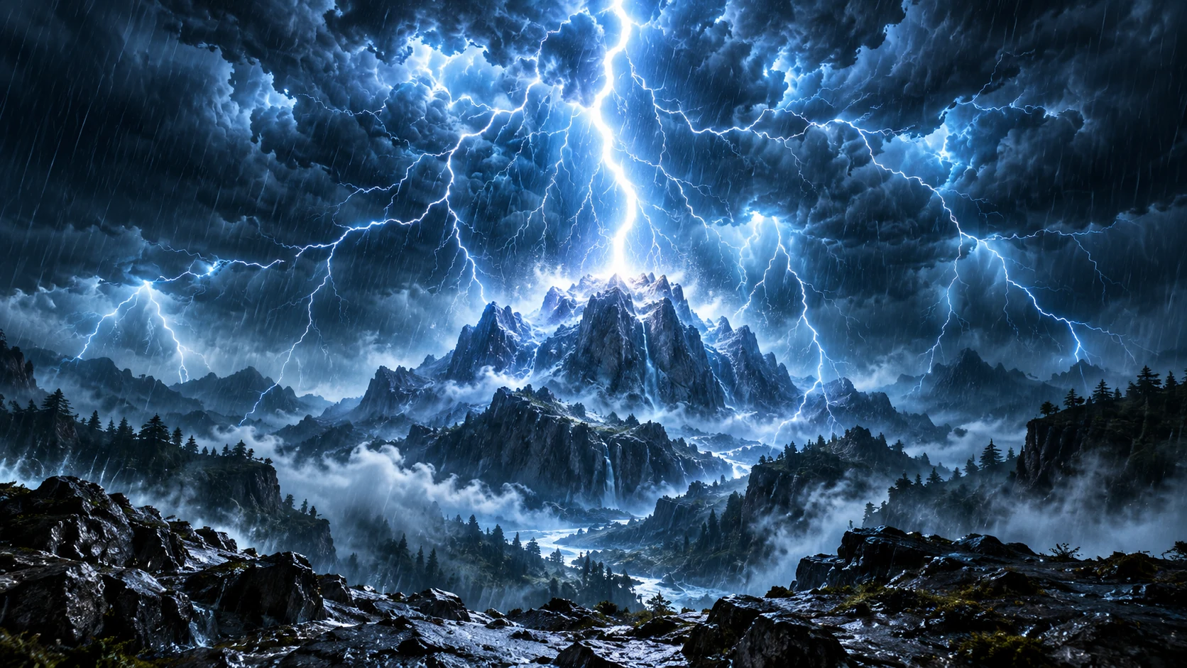Un relámpago azul y blanco se ramifica sobre una cumbre bajo la tormenta.