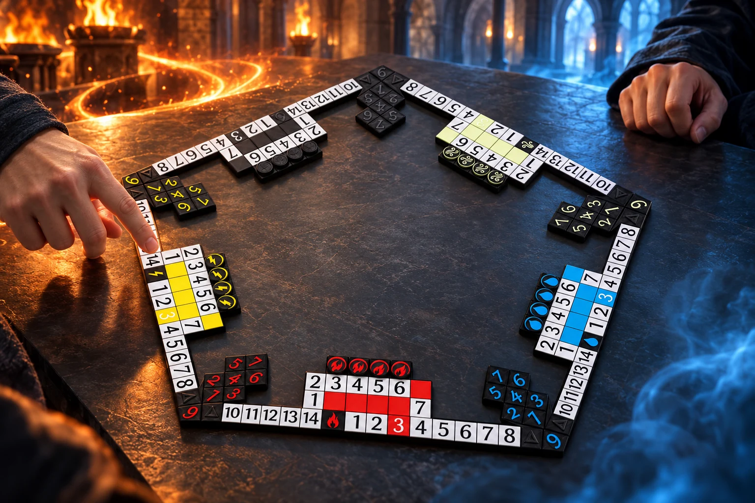 Tablero de Poleana para 5 jugadores: duelo elemental